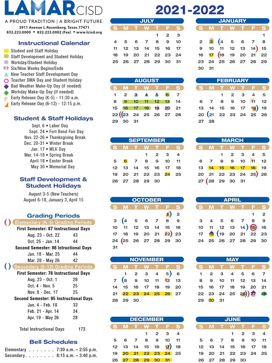 Cisd Calendar 2022 Lamar Cisd- 2021-2022 School Calendar – Canyon Gate At The Brazos
