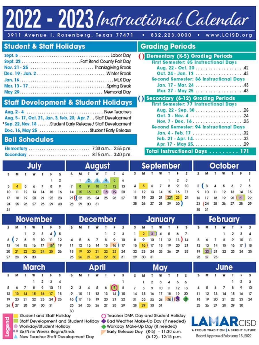 Lamar CISD 2022 2023 School Calendar Canyon Gate At The Brazos